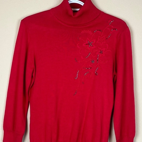 Crazy Horse Liz Claiborne Red Turtleneck Sweater Beaded Embroidered; Size M; EUC - Picture 1 of 7